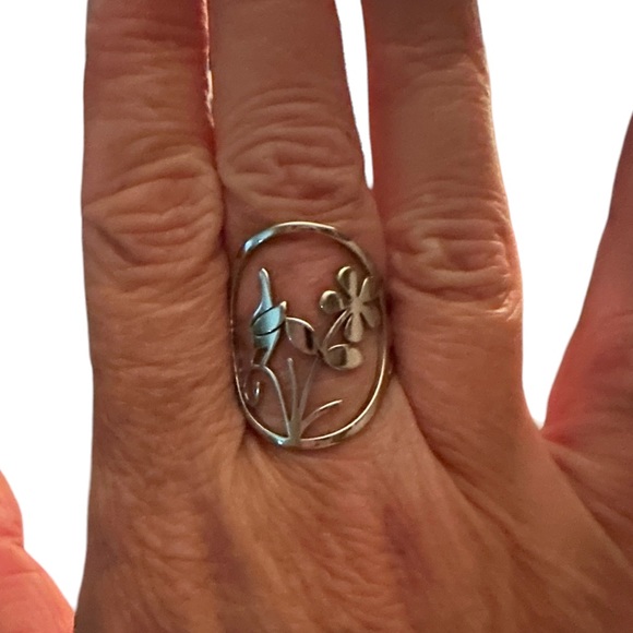 Boho Silver Bird and Flower Hollow Cut Metal Adjustable Ring - Picture 2 of 5
